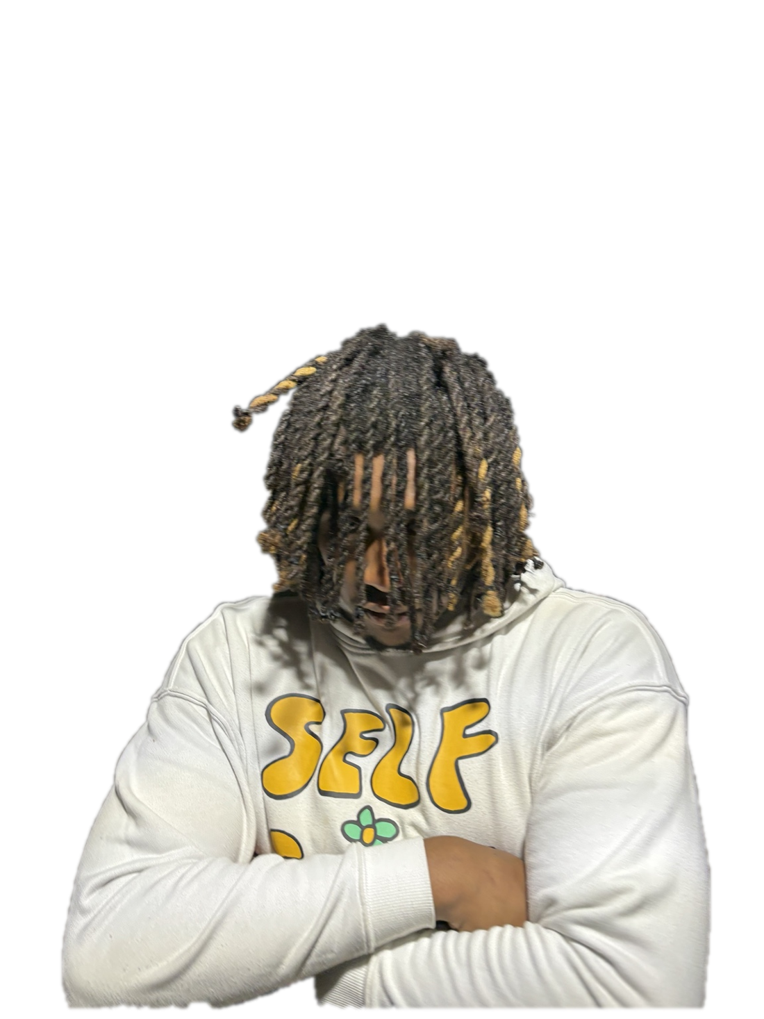TTYL Rocky wearing a white SELF CARE hoodie, arms crossed